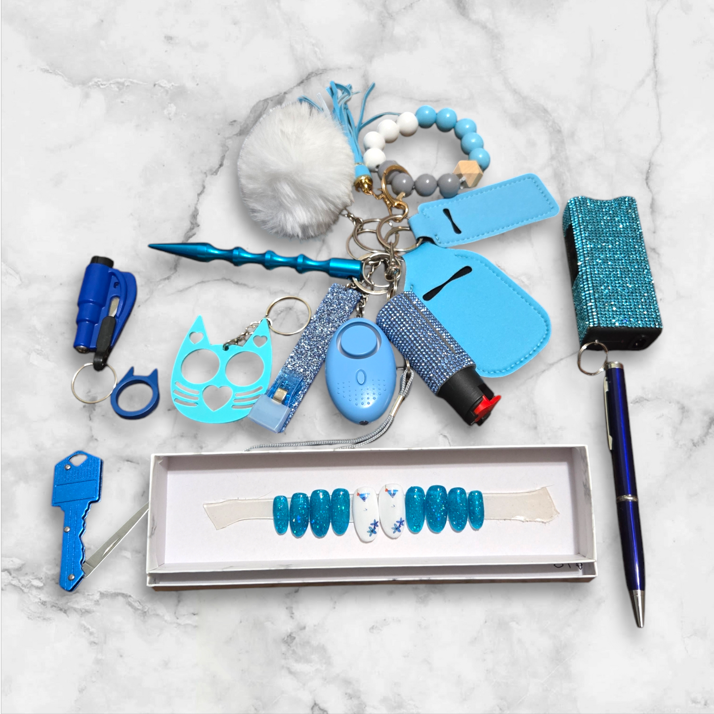 Blue Sparkly Margarita Super Safety Beaded Keychain